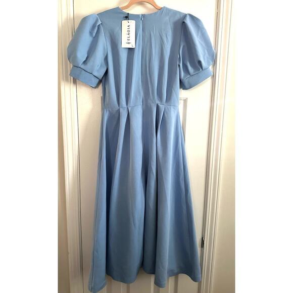 ELAGIA Sky-Blue Buttoned Puff-Sleeve Midi Dress Faux-Pearl Buttons - Large- NWT - Picture 5 of 6